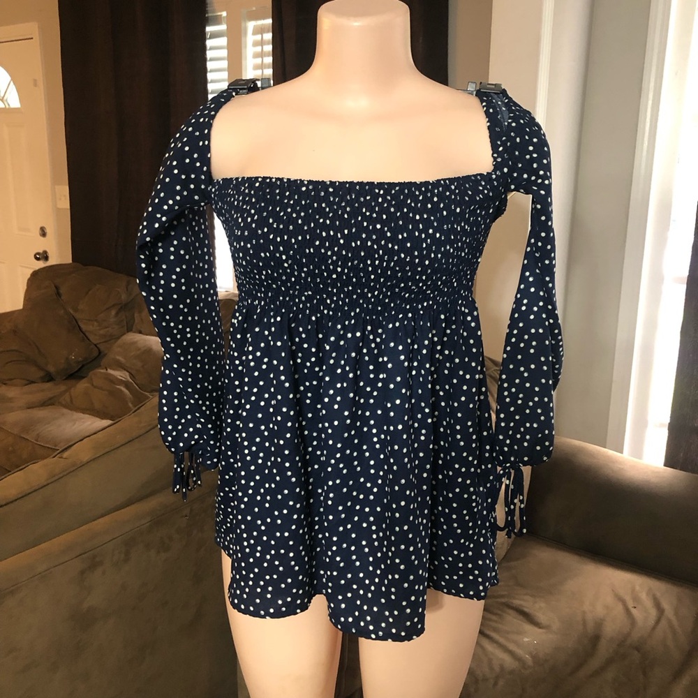 Living Doll Los Angeles Off shoulder Navy Polka Dot babydoll shirt blouse XS
